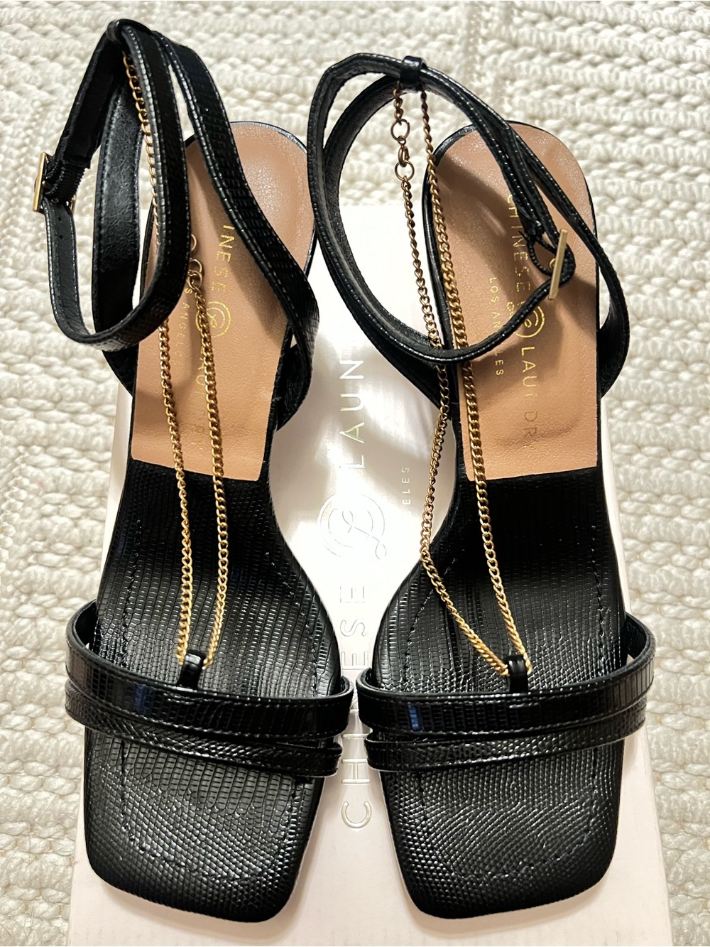 Chinese Laundry Black Patent Square-Toe Heels with Gold Chain